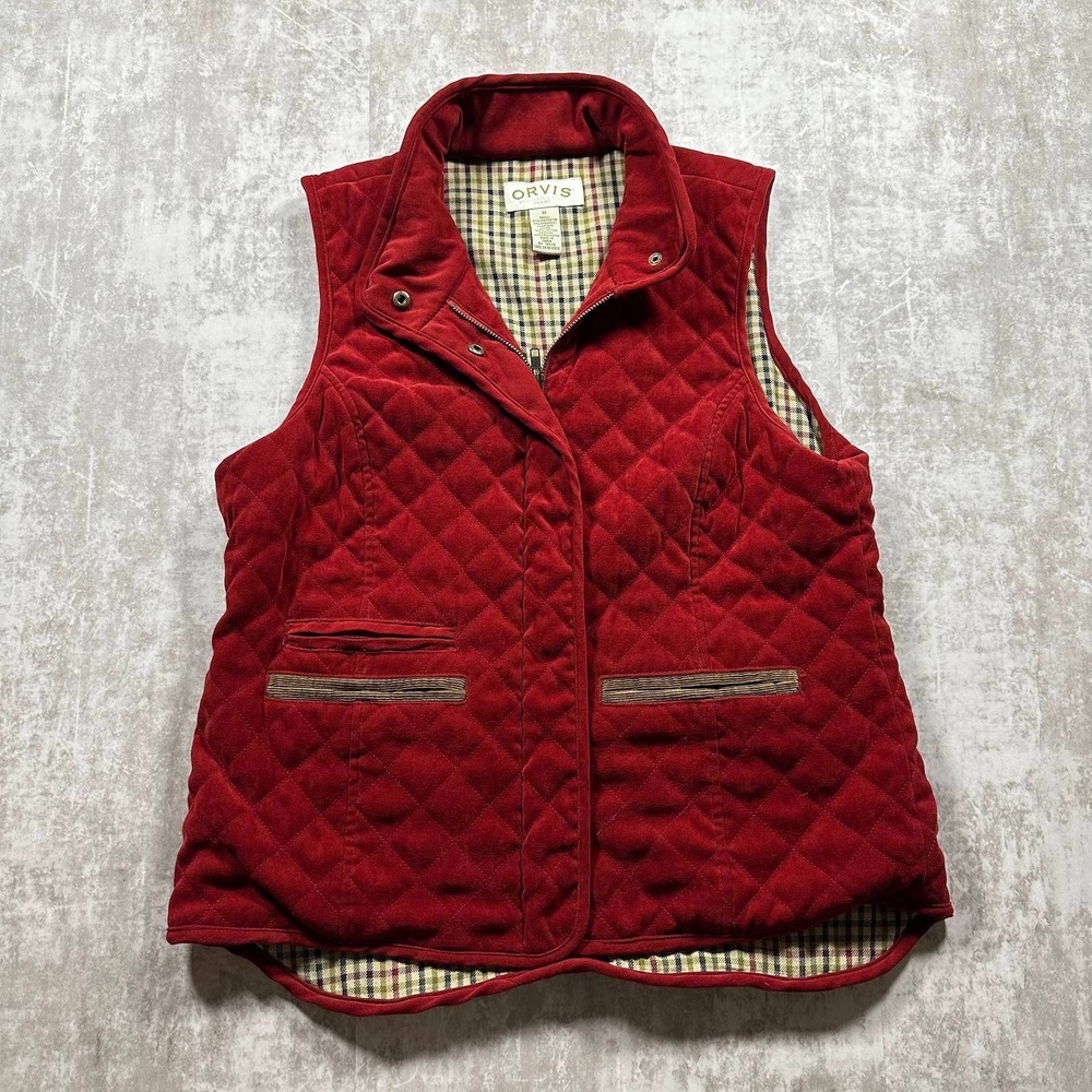 Orvis Quilted Vest Women Size M Red Corduroy Trim Plaid Lined OR-2X61